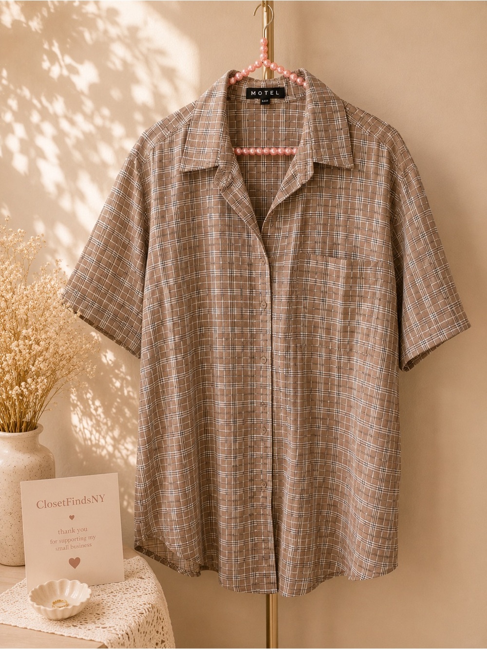 Motel Rocks Taupe & White Plaid Short Sleeve Shirt